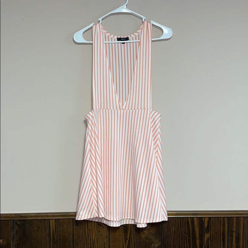 Coral/salmon striped overall style dress